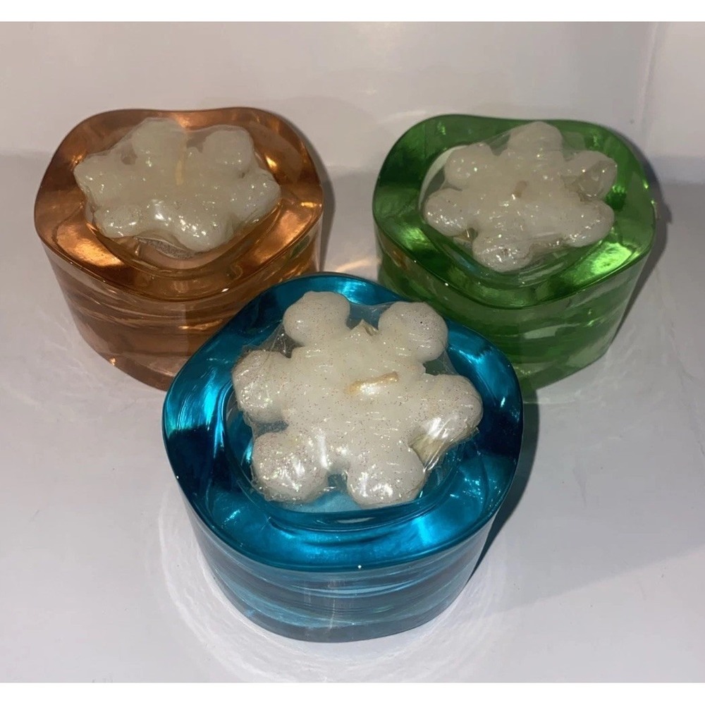 Set of 3 Glass Candle Holders Blue Green Peach Mini Candle Decorative